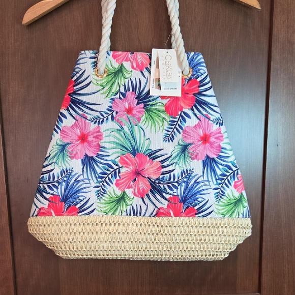 Cee Klein Tropical 2 in 1 Floral Cloth and Woven Bottom Tote Bag - NEW - Picture 1 of 15